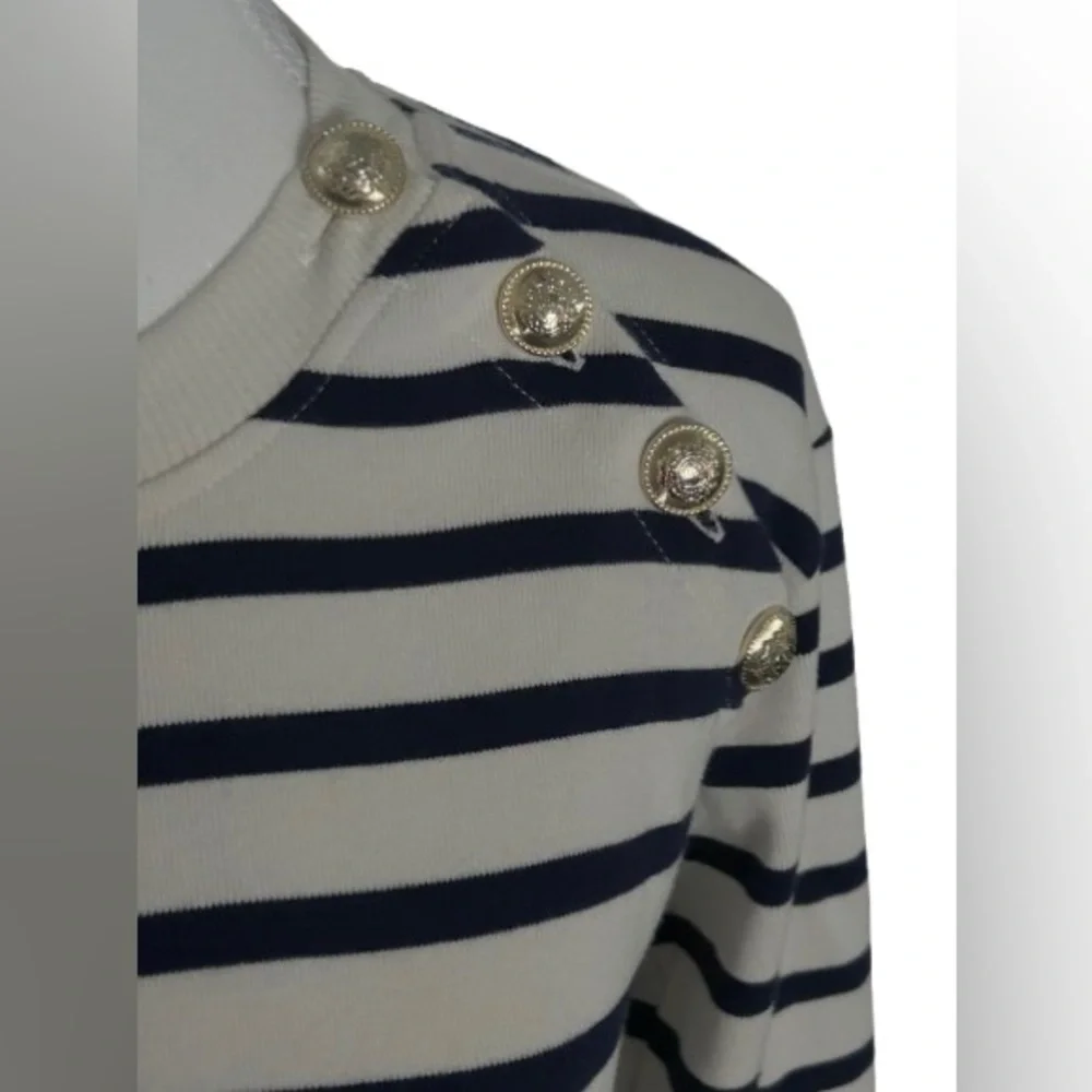Cotton DEREK LAM IO Navy & Cream Knit Top Sweater Shirt Designer Gold Buttons SM - Picture 5 of 11